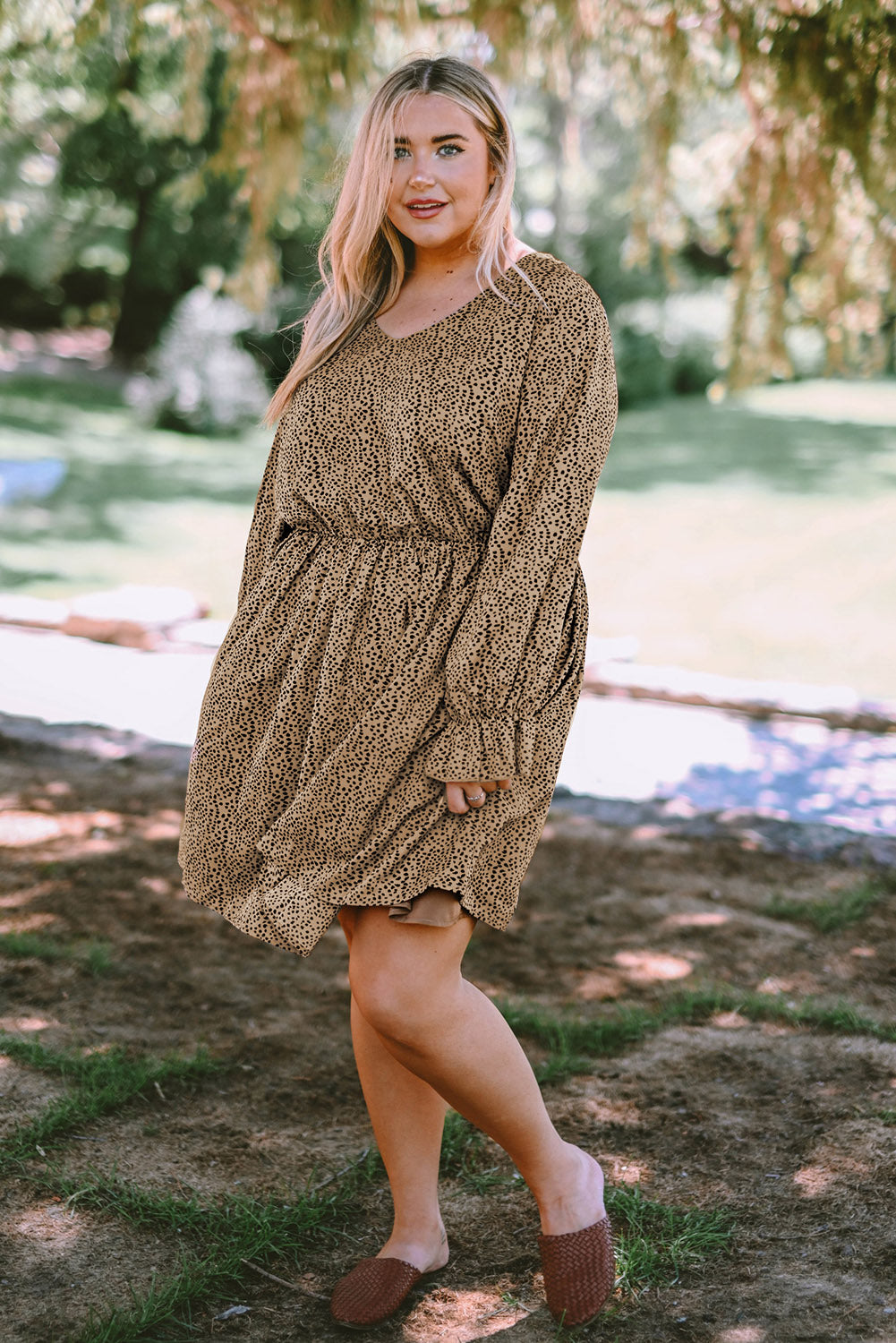 Khaki Plus Size Ruffled Long Sleeve Animal Spotted Print Dress Plus Size Dresses JT's Designer Fashion