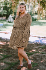 Khaki Plus Size Ruffled Long Sleeve Animal Spotted Print Dress Plus Size Dresses JT's Designer Fashion