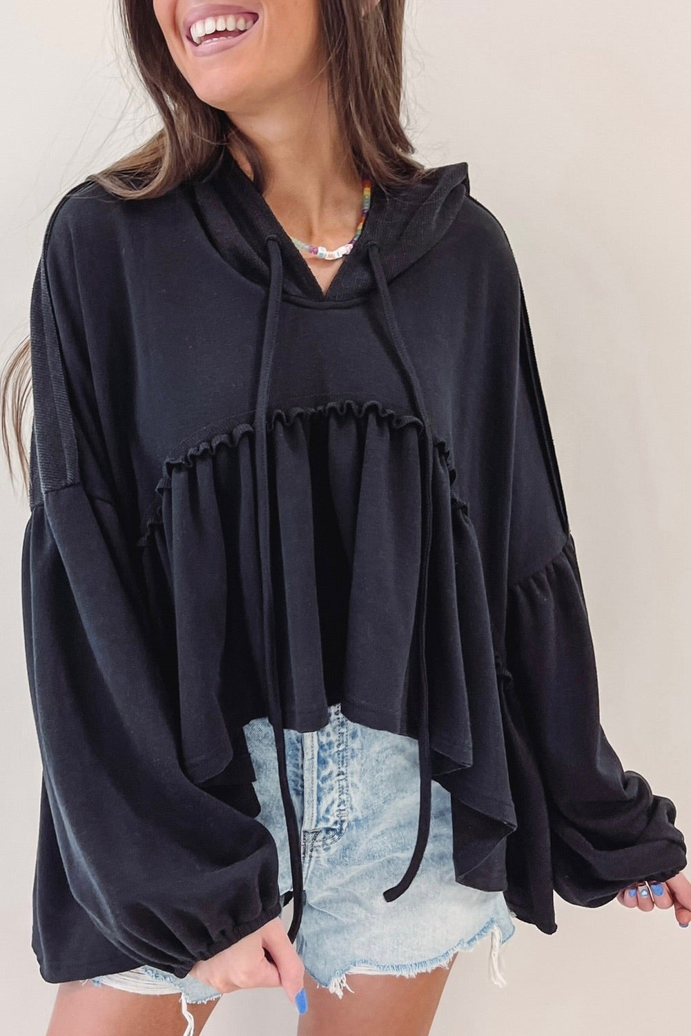 Black Oversized Ruffled High Low Hem Drop Shoulder Hoodie Tops & Tees JT's Designer Fashion