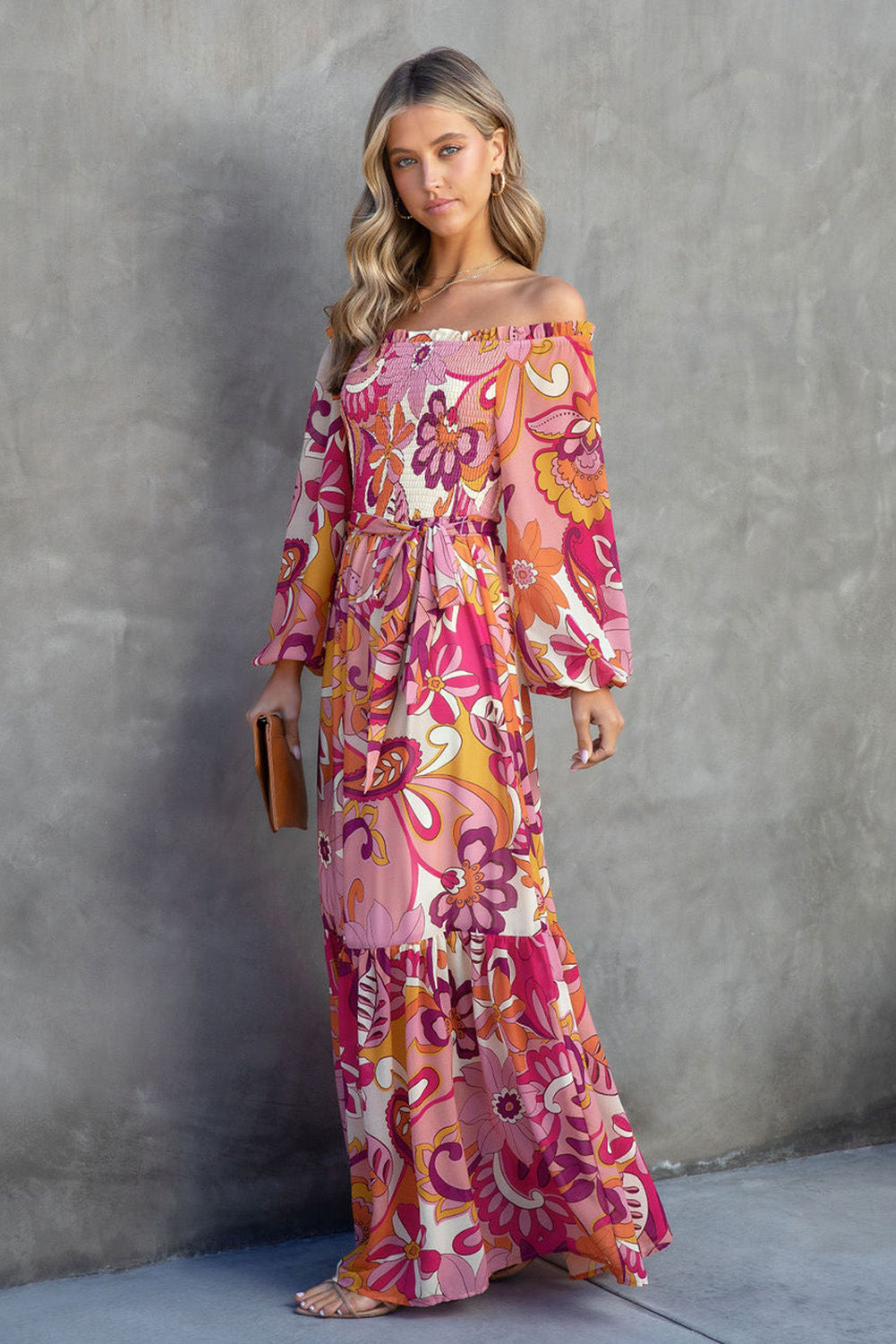 Multicolour Boho Floral Off Shoulder Puff Sleeve Maxi Dress Dresses JT's Designer Fashion