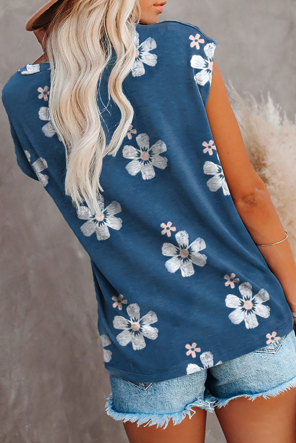 Blue Floral Cap Sleeve T-Shirt with Pocket Tops & Tees JT's Designer Fashion