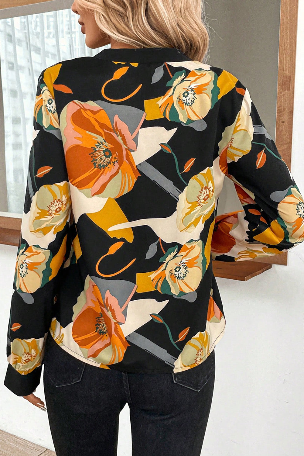 Multicolour Floral Print Long Sleeve Split V Neck Blouse Tops & Tees JT's Designer Fashion