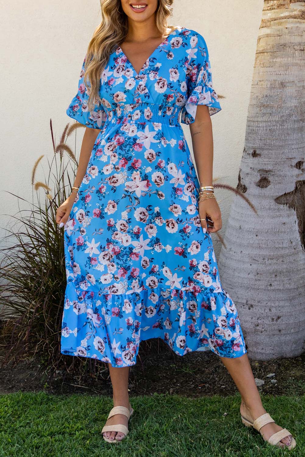 Blue Ruffle Short Sleeve Bohemian Flower Long Dress Floral Dresses JT's Designer Fashion