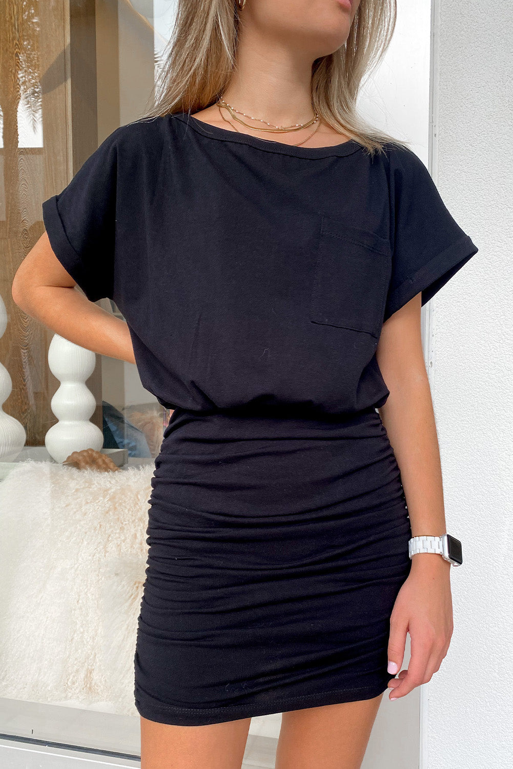 Black Chest Pocket Loose T-shirt Ruched Bodycon Mini Dress Mini Dresses JT's Designer Fashion