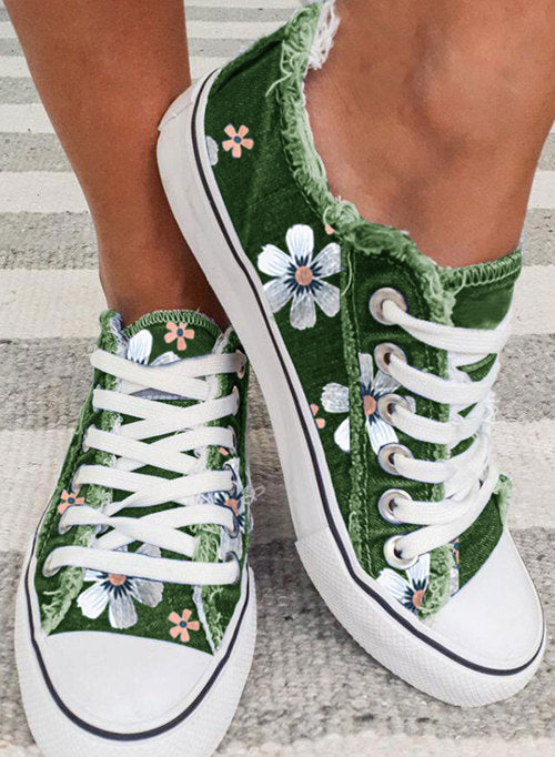 Green Floral Print Lace-up Canvas Sneakers Women's Shoes JT's Designer Fashion