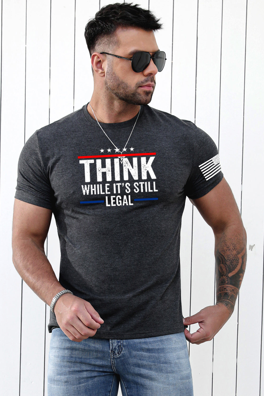 Gray Think While It's Still Legal Flag Short Sleeve Tee Men's Tops JT's Designer Fashion