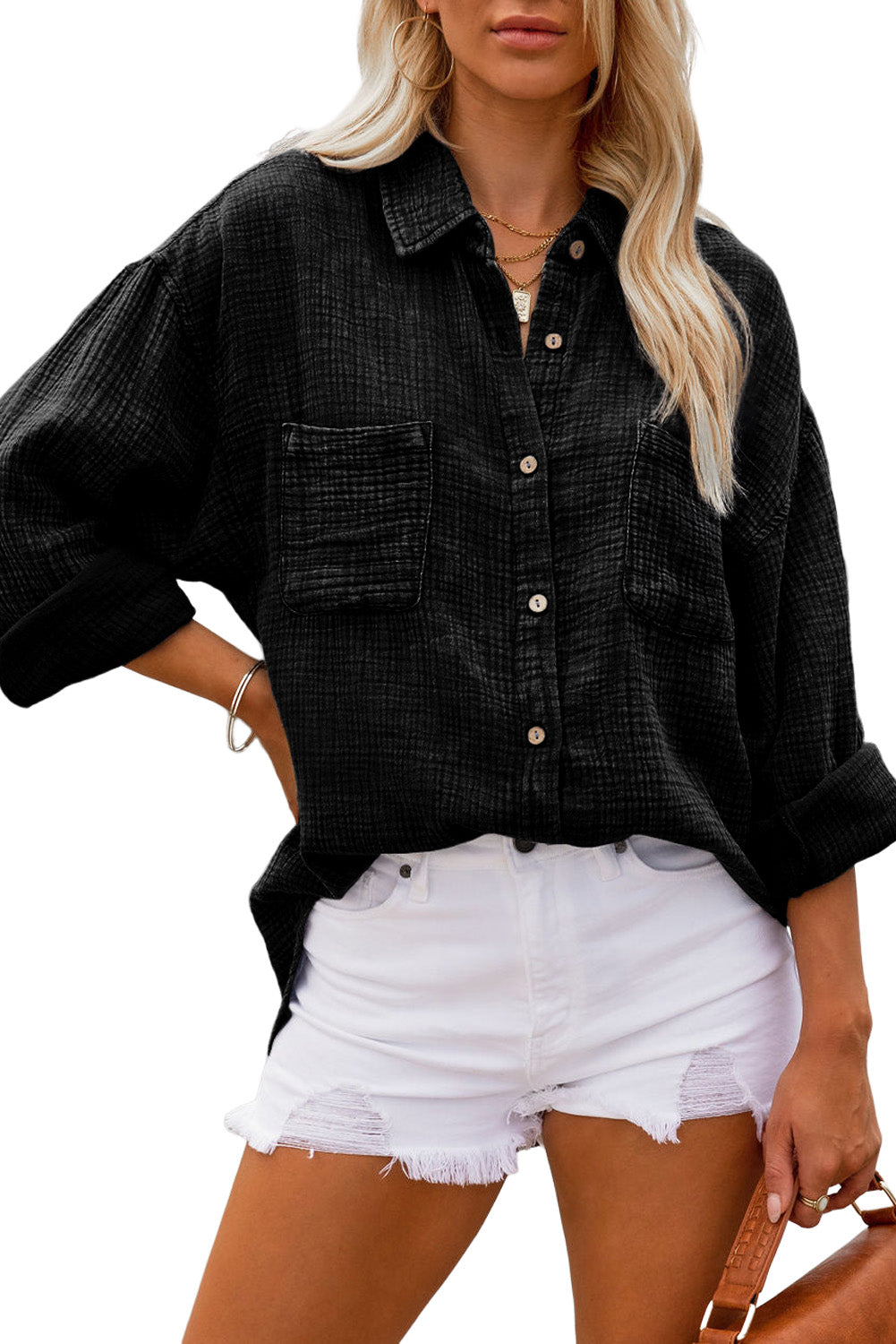 Black NOBERT COTTON BUTTON DOWN TOP Tops & Tees JT's Designer Fashion