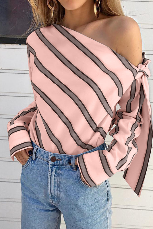 Pink Striped Asymmetric Tied Shoulder Blouse Pink 100%Polyester Blouses & Shirts JT's Designer Fashion