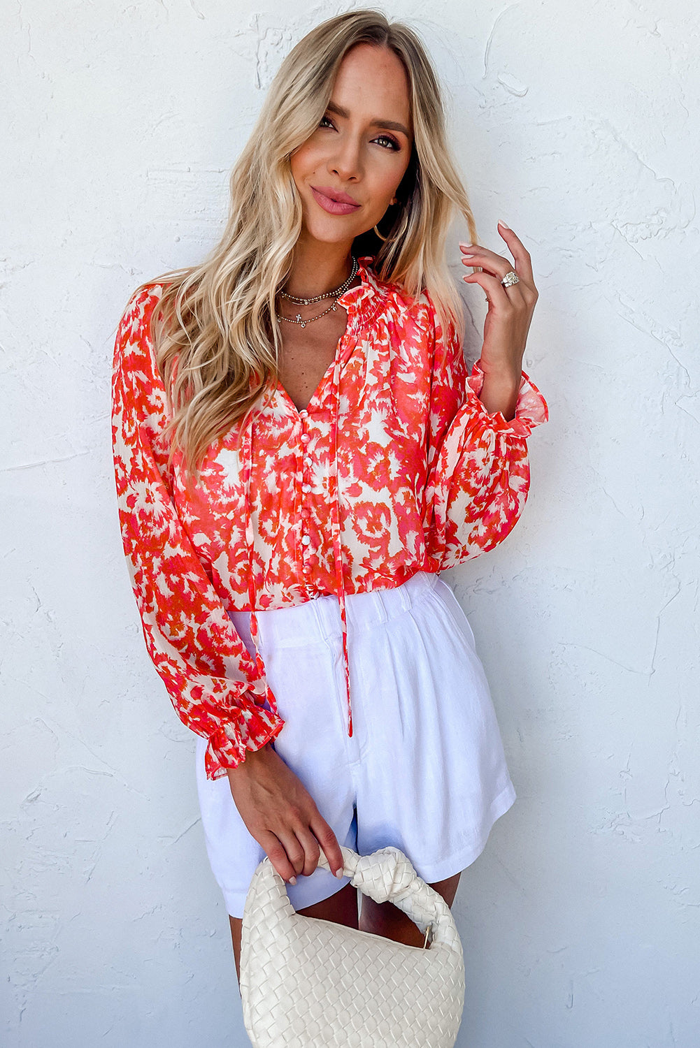 Red Button Front Tie V Neck Floral Long Sleeve Blouse Tops & Tees JT's Designer Fashion