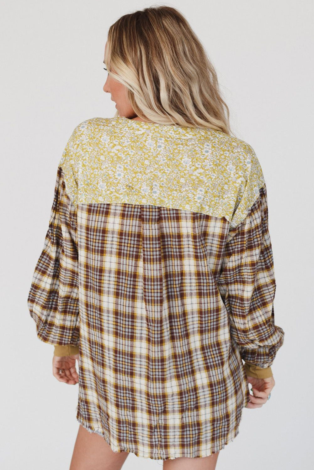 Yellow Floral Plaid Mixed Print Bishop Sleeve Patchwork Top with Slits Tops & Tees JT's Designer Fashion