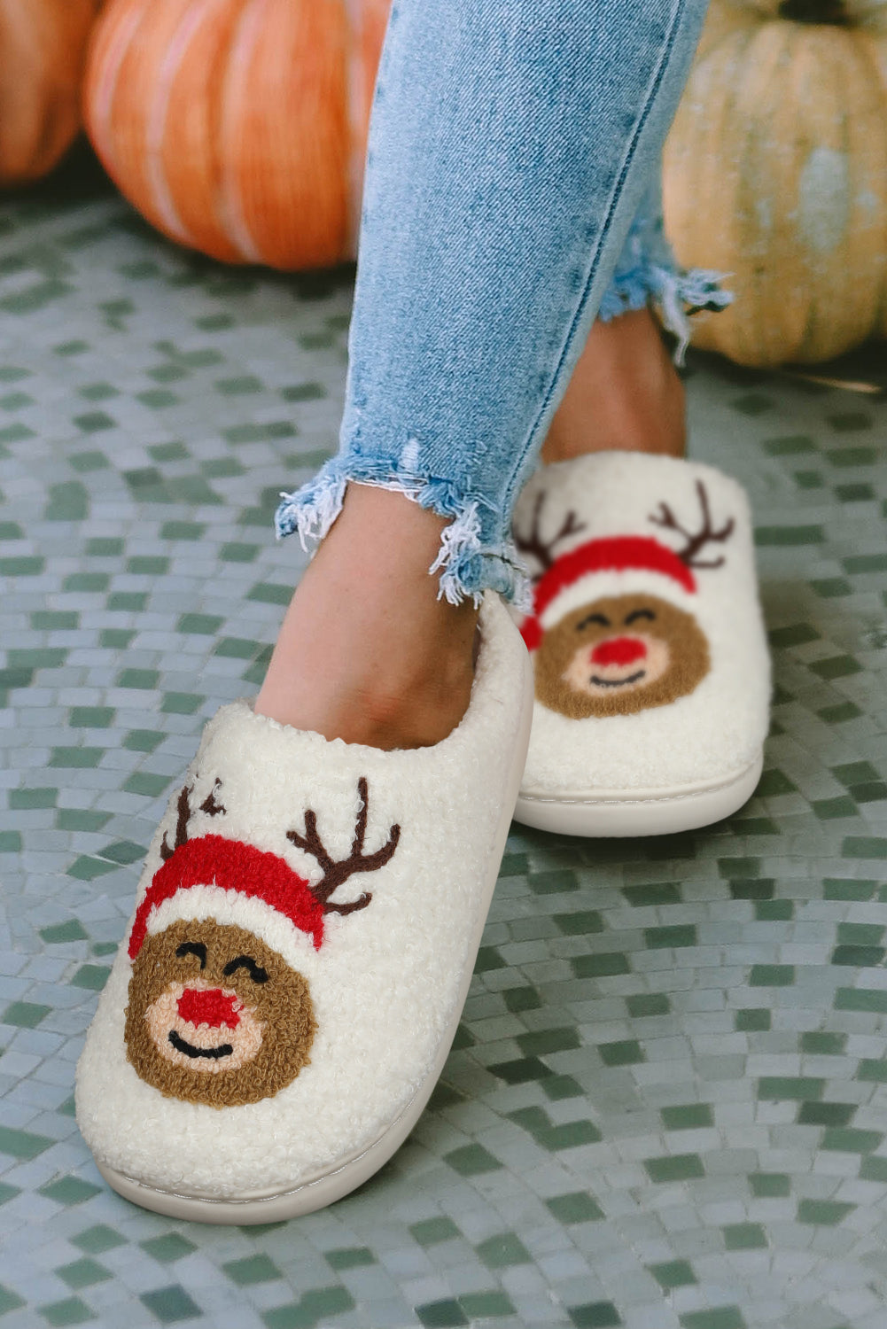 White Christmas Deer Home Indoor Plush Slippers Slippers JT's Designer Fashion