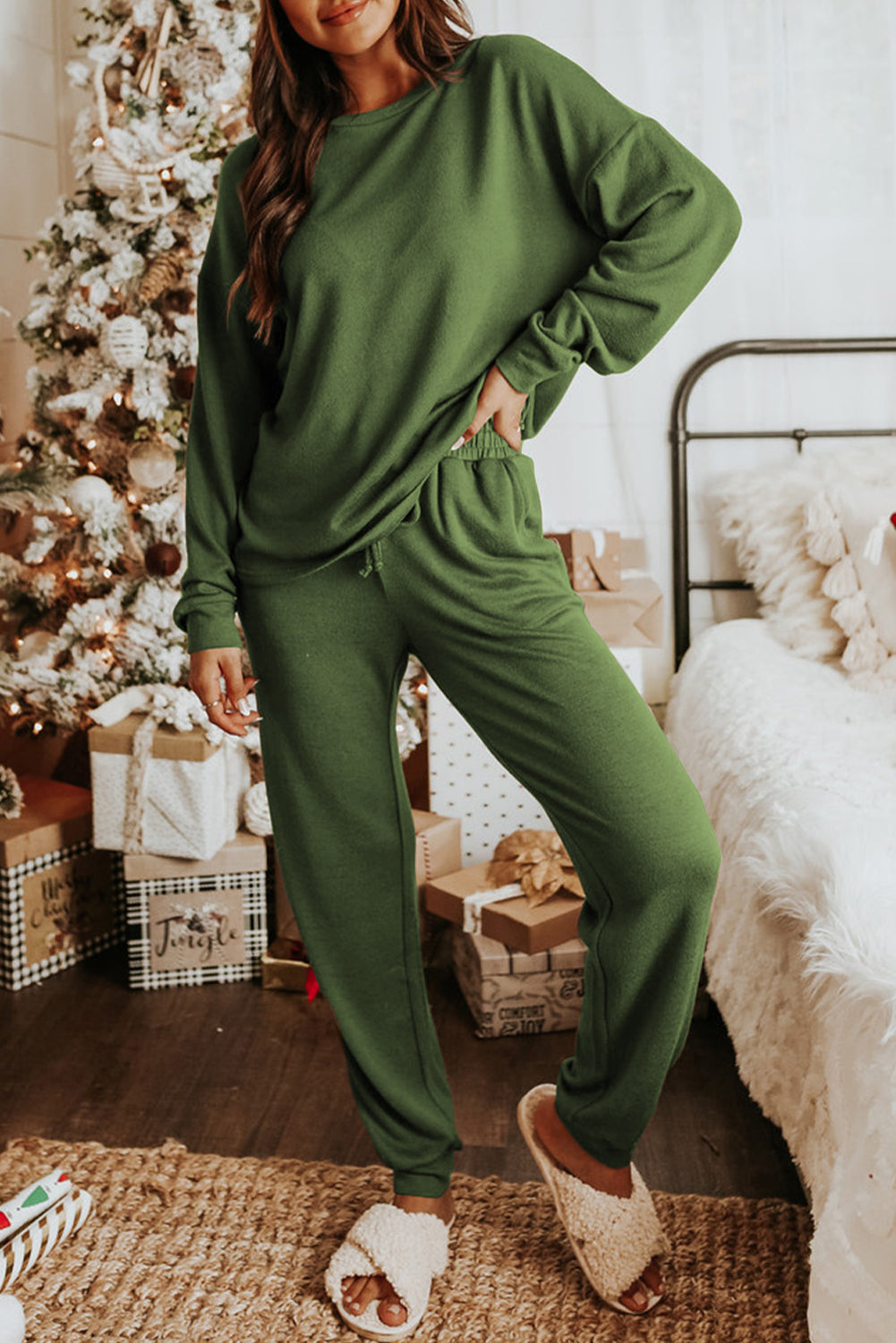 Spinach Green Long Sleeve Pullover and Jogger Pants Lounge Set Bottoms JT's Designer Fashion