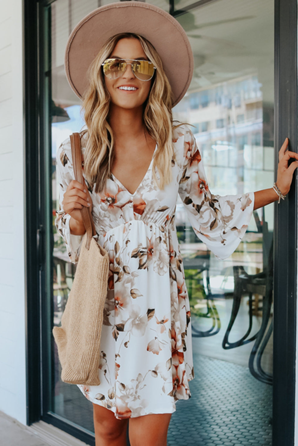 White V Neck 3/4 Sleeve Floral Dress Floral Dresses JT's Designer Fashion