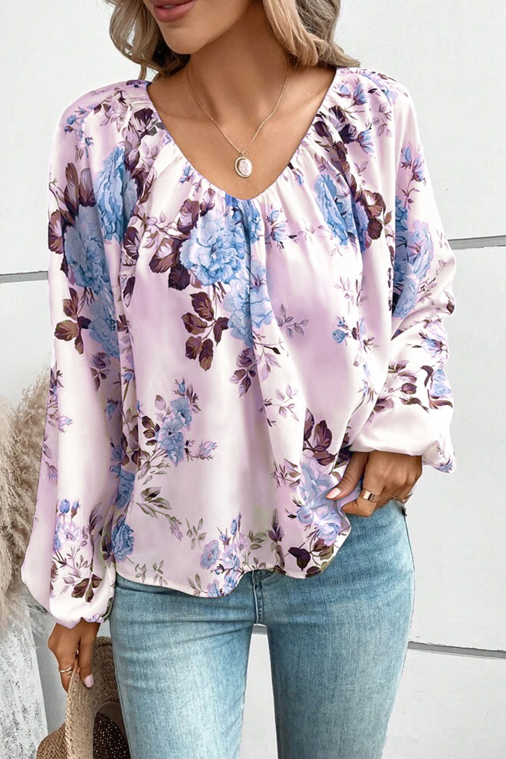 Purple Floral Print Lantern Sleeve V-Neck Blouse Tops & Tees JT's Designer Fashion