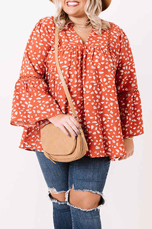 Orange Plus Size Spotted Print Ruffled Bell Sleeve Babydoll Blouse Plus Size JT's Designer Fashion