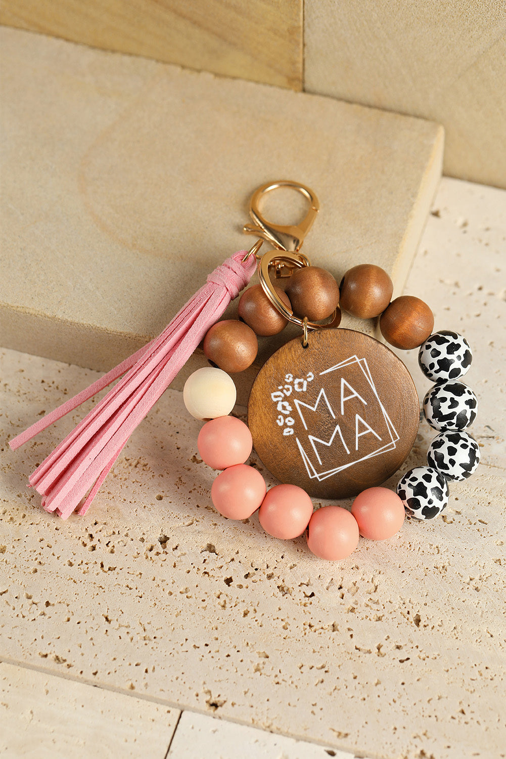 Pink MAMA Wood Pendant Leopard Fringe Keychain Other Accessories JT's Designer Fashion