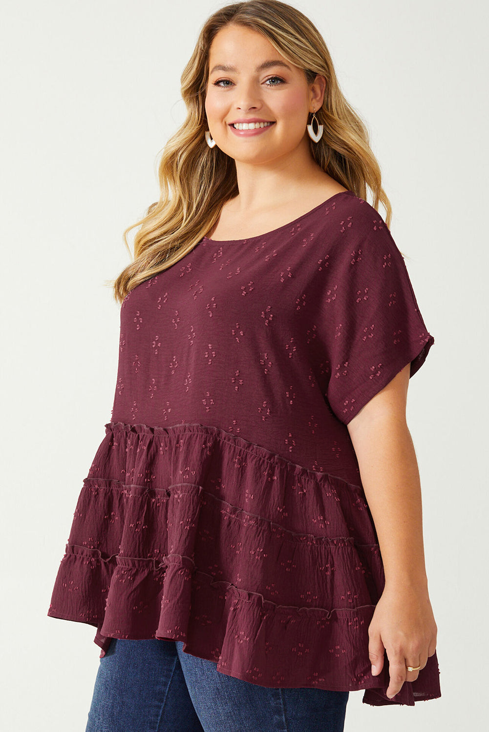 Red Plus Size Floral Embroidered Ruffled Short Sleeve Top Plus Size Tops JT's Designer Fashion