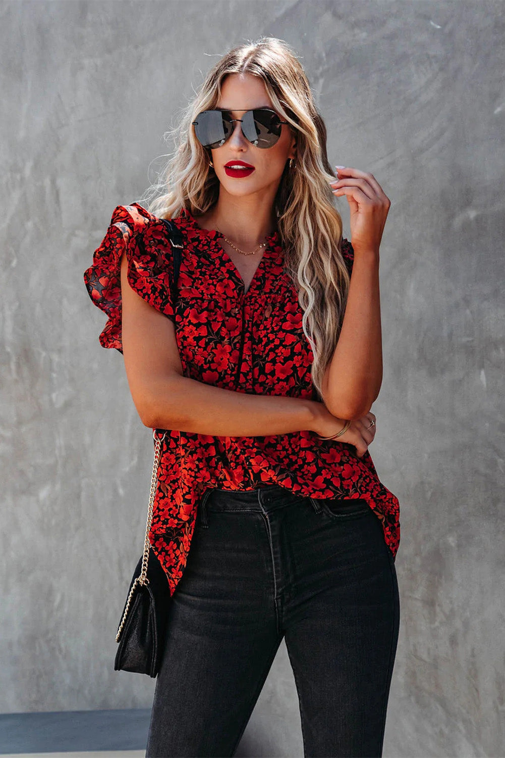 Red Floral Print Tiered Flutter Sleeve V Neck Top Tank Tops JT's Designer Fashion