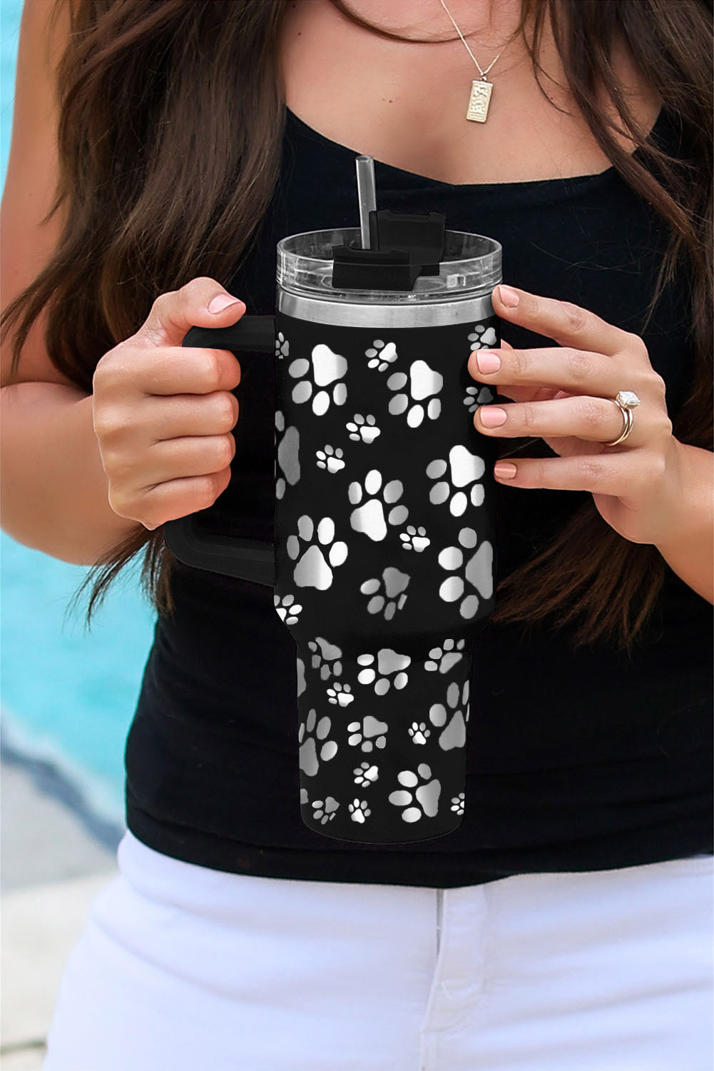 Black 40oz Cat Paw Print 304 Stainless Steel Thermos Cup Tumblers JT's Designer Fashion