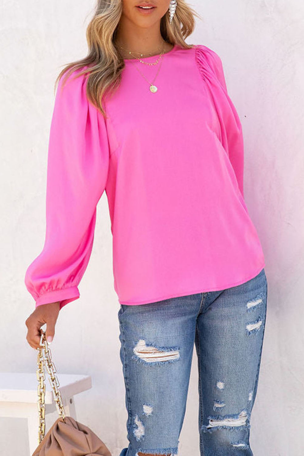 Barbie Style Pink Satin Puff Long Sleeve Crewneck Blouse Tops & Tees JT's Designer Fashion