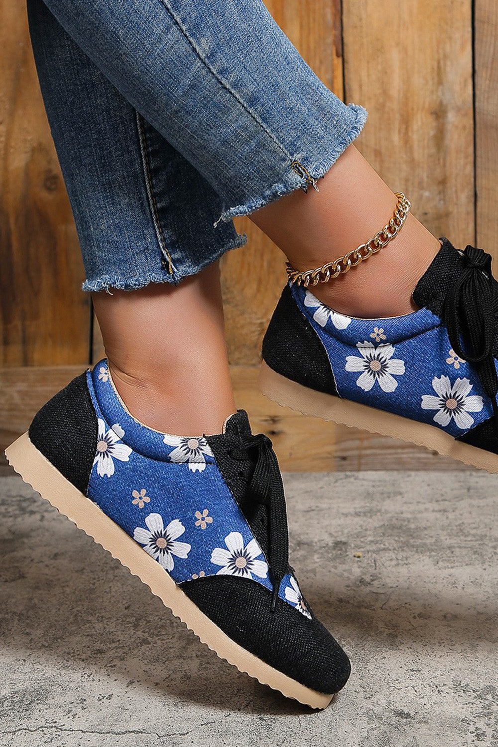 Black Floral Patchwork Lace-up Linen Sneakers Women's Shoes JT's Designer Fashion