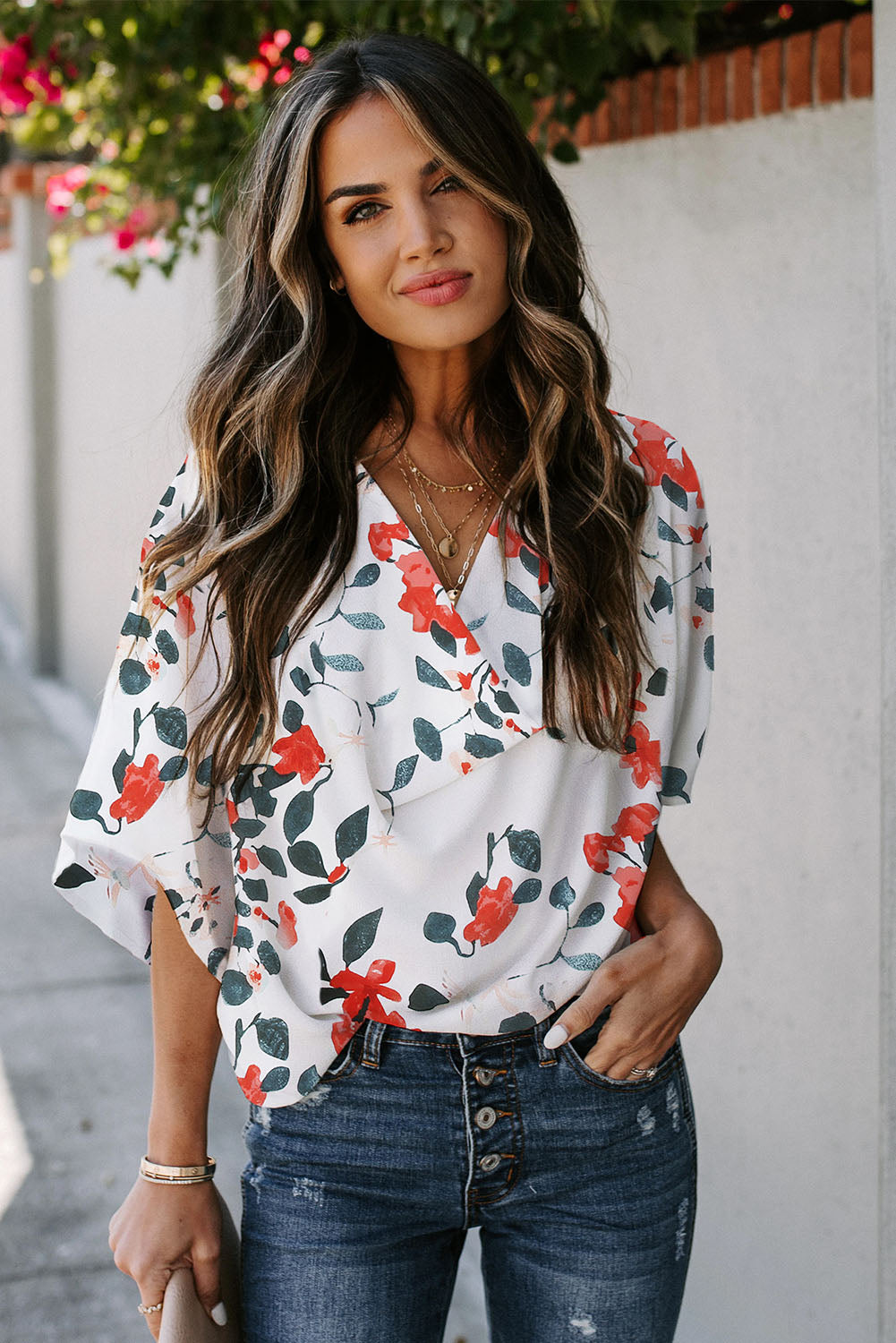 White Floral Print Drape V Neck Short Sleeve Blouse Blouses & Shirts JT's Designer Fashion