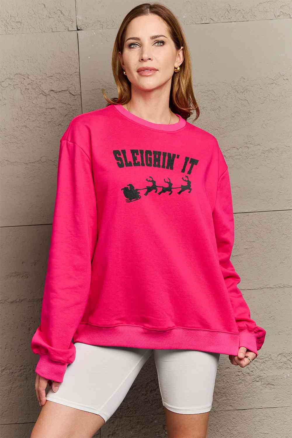 Simply Love Full Size SLEIGHIN' IT Graphic Sweatshirt Graphic Sweatshirts JT's Designer Fashion