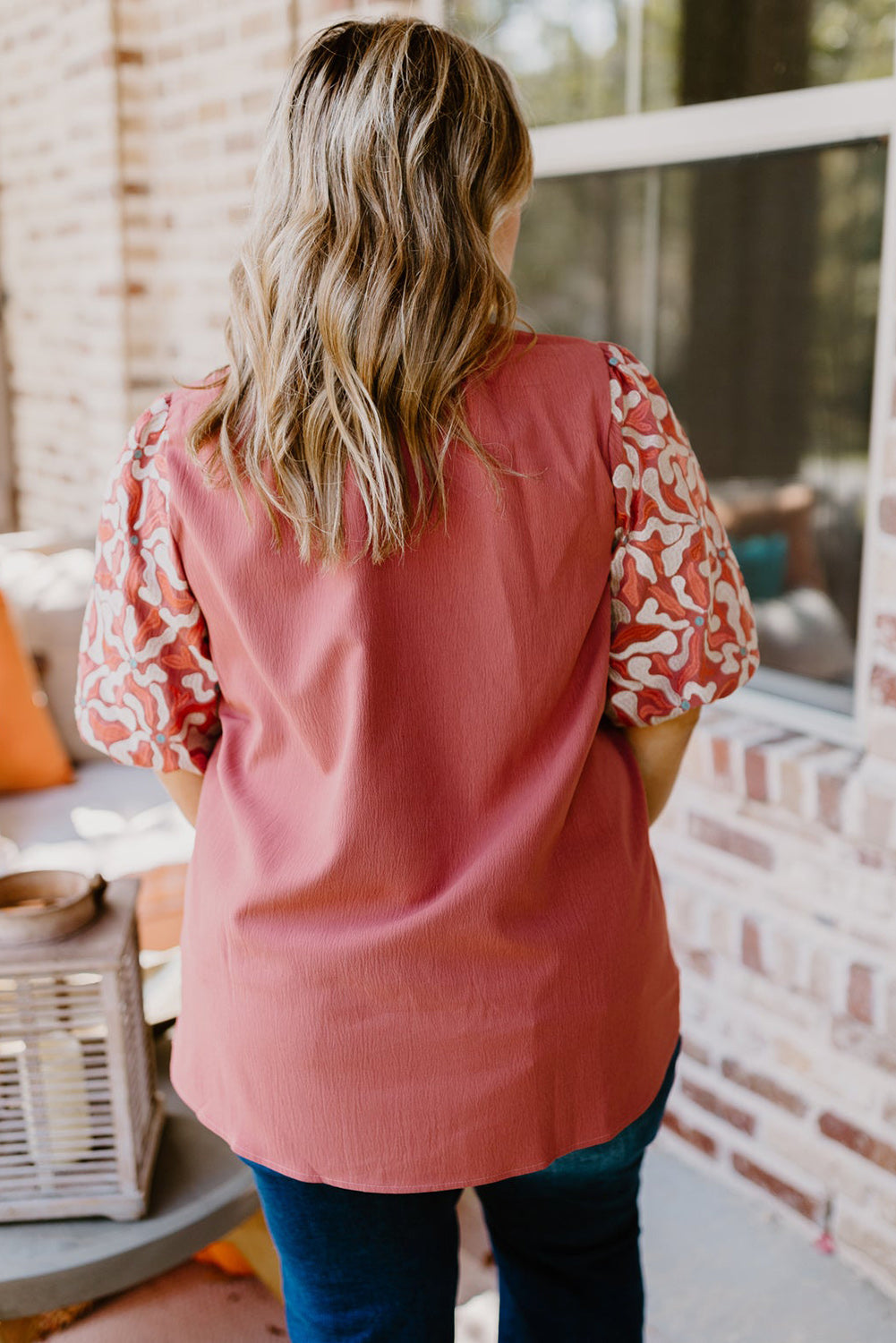 Peach Blossom Contrast Embroidered Sleeve Plus Size Blouse Plus Size JT's Designer Fashion