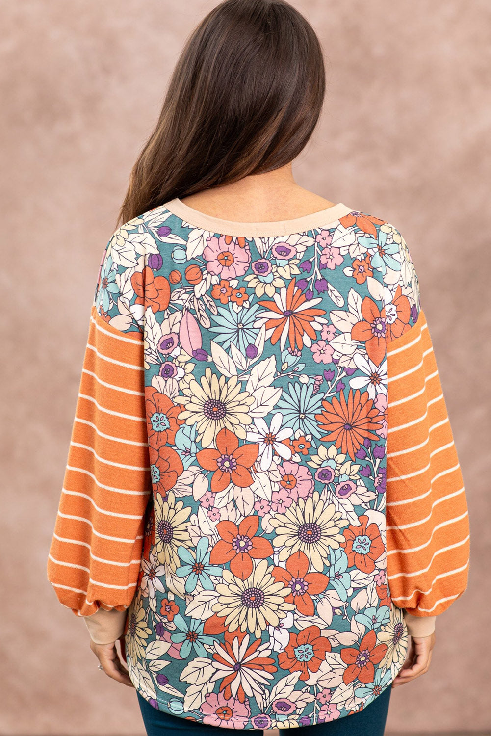 Grapefruit Orange Floral Print Striped Sleeve Puff Sleeve Blouse Tops & Tees JT's Designer Fashion