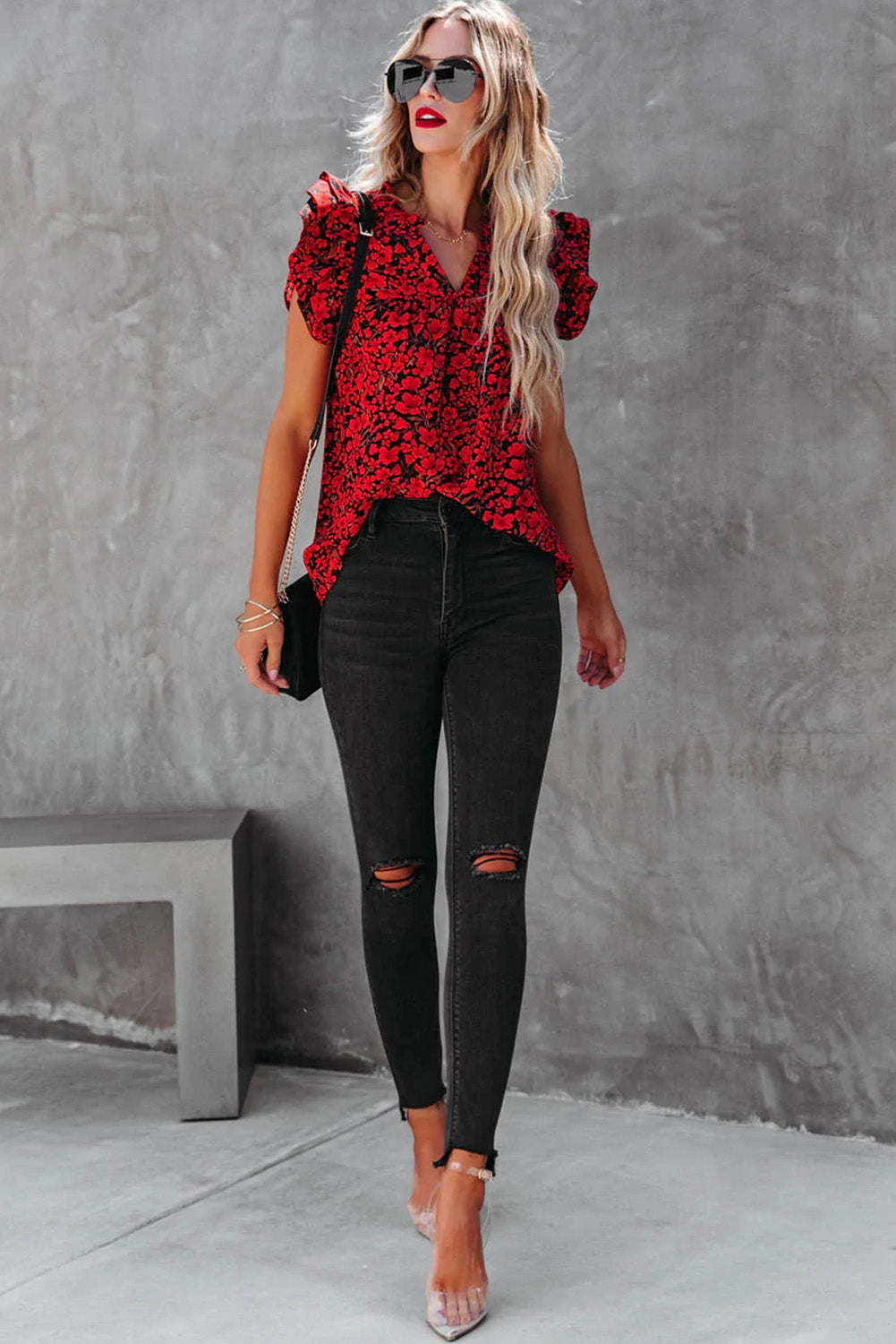 Red Floral Print Tiered Flutter Sleeve V Neck Top Tank Tops JT's Designer Fashion