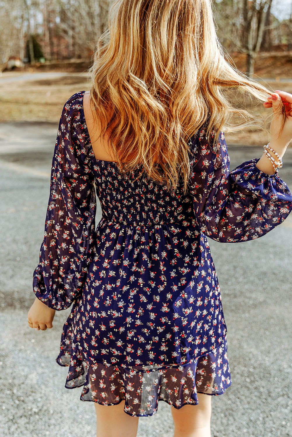 Blue Floral Print Smocked Square Neck Bubble Sleeve Dress Dresses JT's Designer Fashion