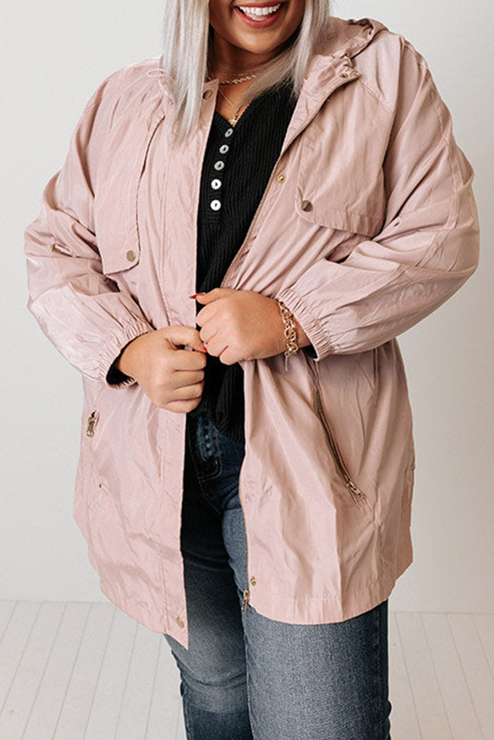 Pink Plus Size Lightweight Zipped Pockets Windproof Hooded Jacket Plus Size JT's Designer Fashion