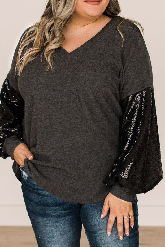 Black Plus Size Sequin Bubble Sleeve V Neck Knit Top Plus Size JT's Designer Fashion