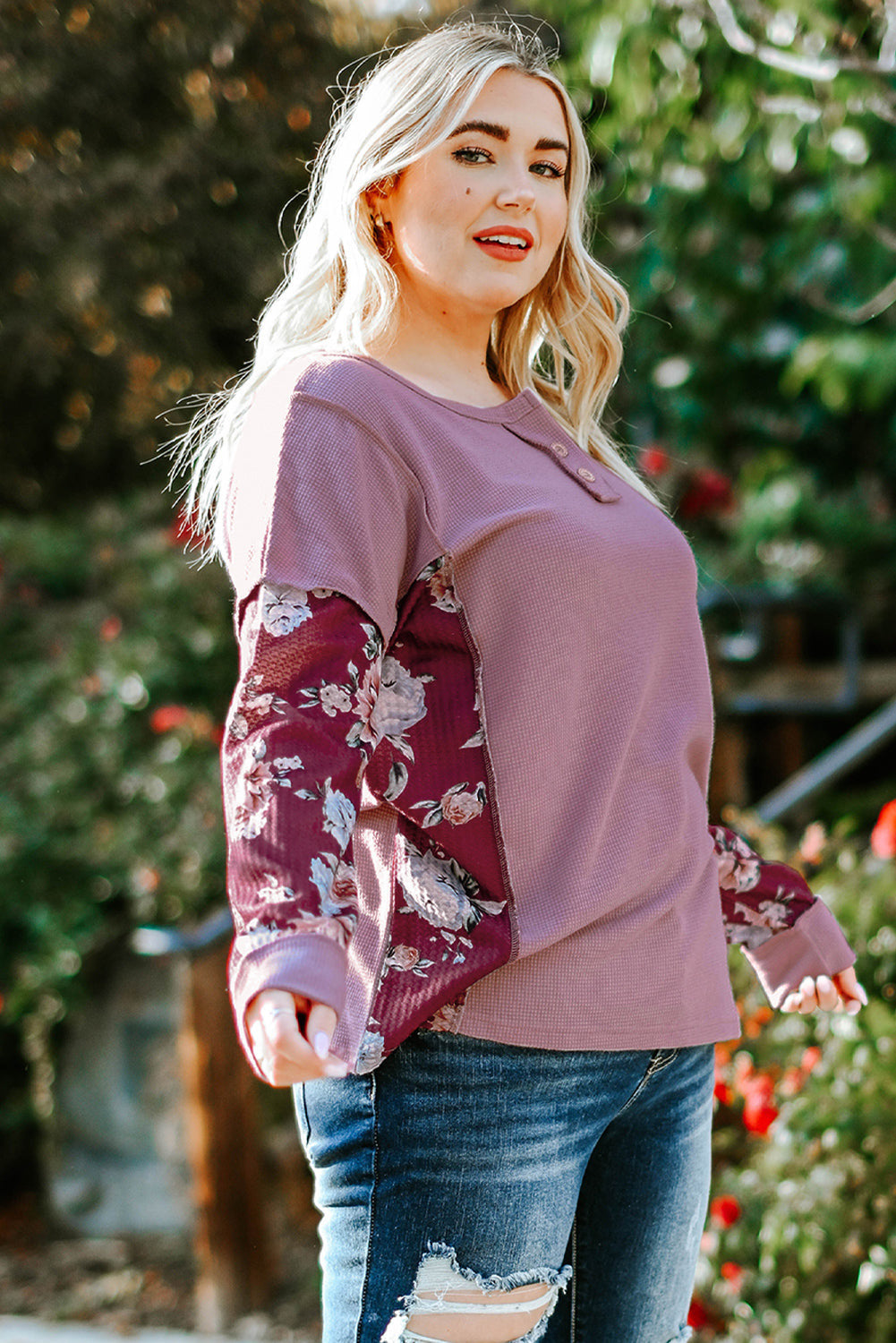 Purple Plus Size Floral Patch Long Sleeve Seamed Henley Top Plus Size JT's Designer Fashion