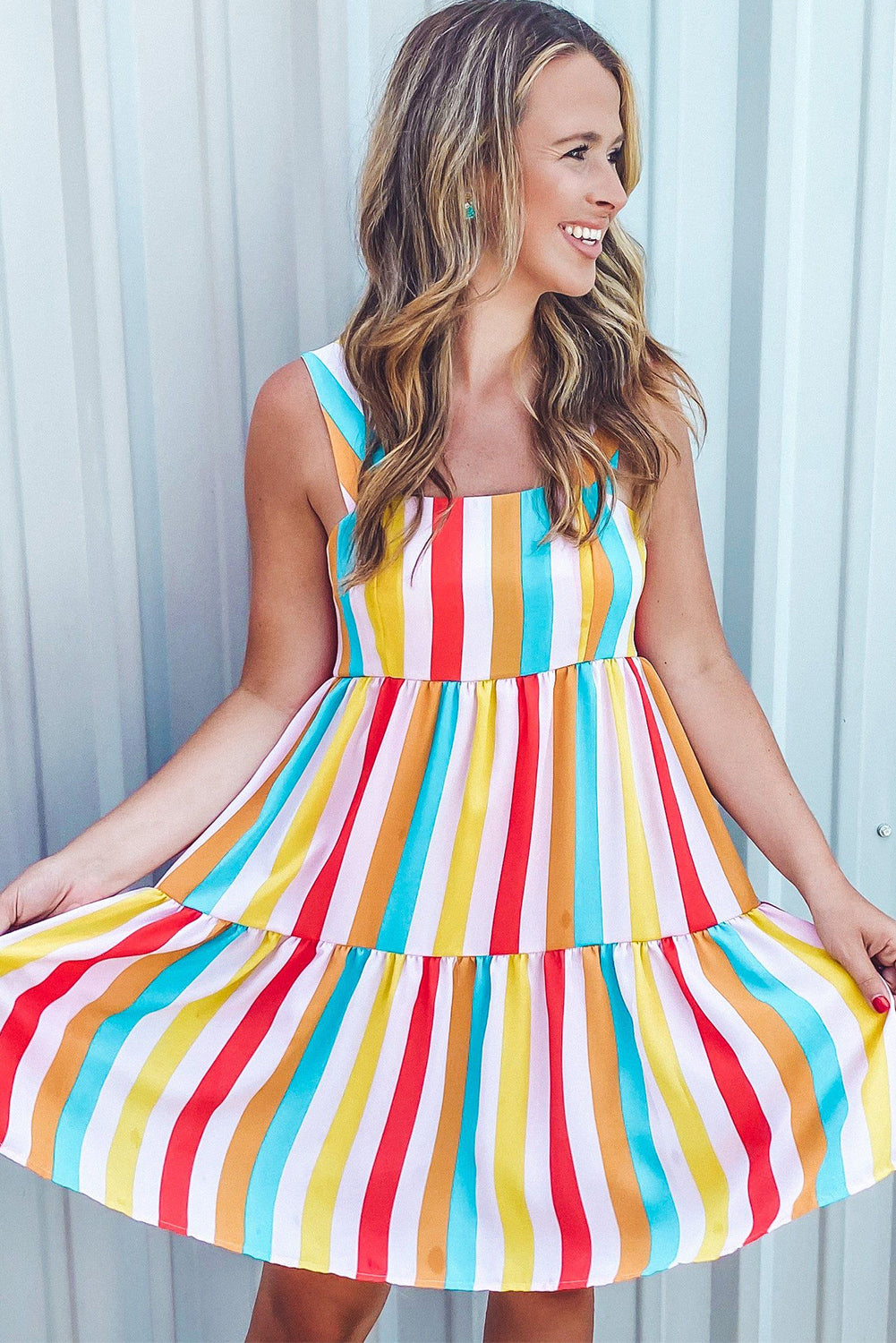 Multicolor Rainbow Stripe Print Tiered Sundress Mini Dresses JT's Designer Fashion