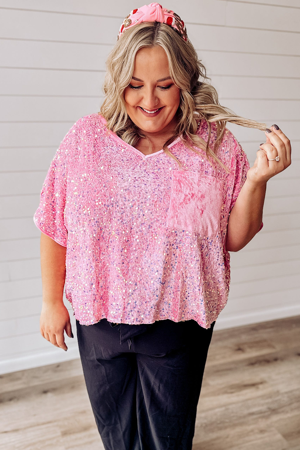 Pink Sequin Velvet Patched Pocket V Neck Plus Top Plus Size JT's Designer Fashion