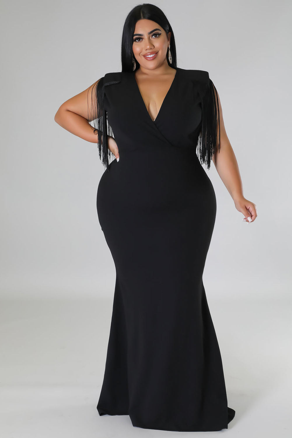 Black Plus Size Surplice V Neck Fringe Formal Maxi Dress Plus Size Dresses JT's Designer Fashion