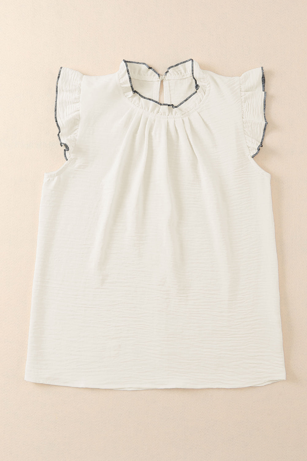 White Contrast Trim Ruffled Crew Neck Sleeveless Top Tank Tops JT's Designer Fashion