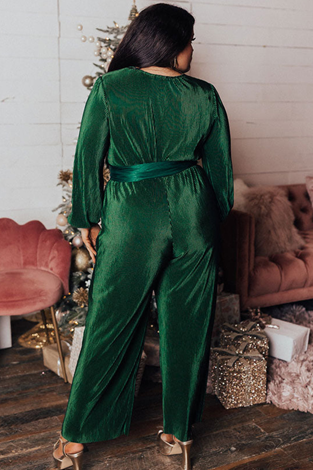 Dark Green Plus Size Pleated Satin Belted V Neck Jumpsuit Plus Size JT's Designer Fashion