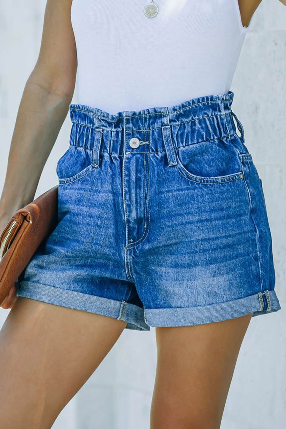 Blue Paper Bag High Waist Denim Shorts Denim Shorts JT's Designer Fashion