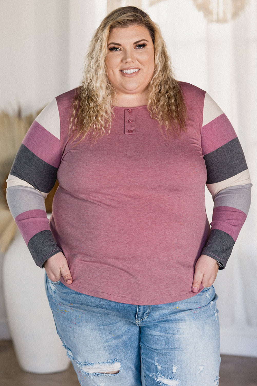 Pink Striped Long Sleeve Plus Size Henley Top Plus Size JT's Designer Fashion