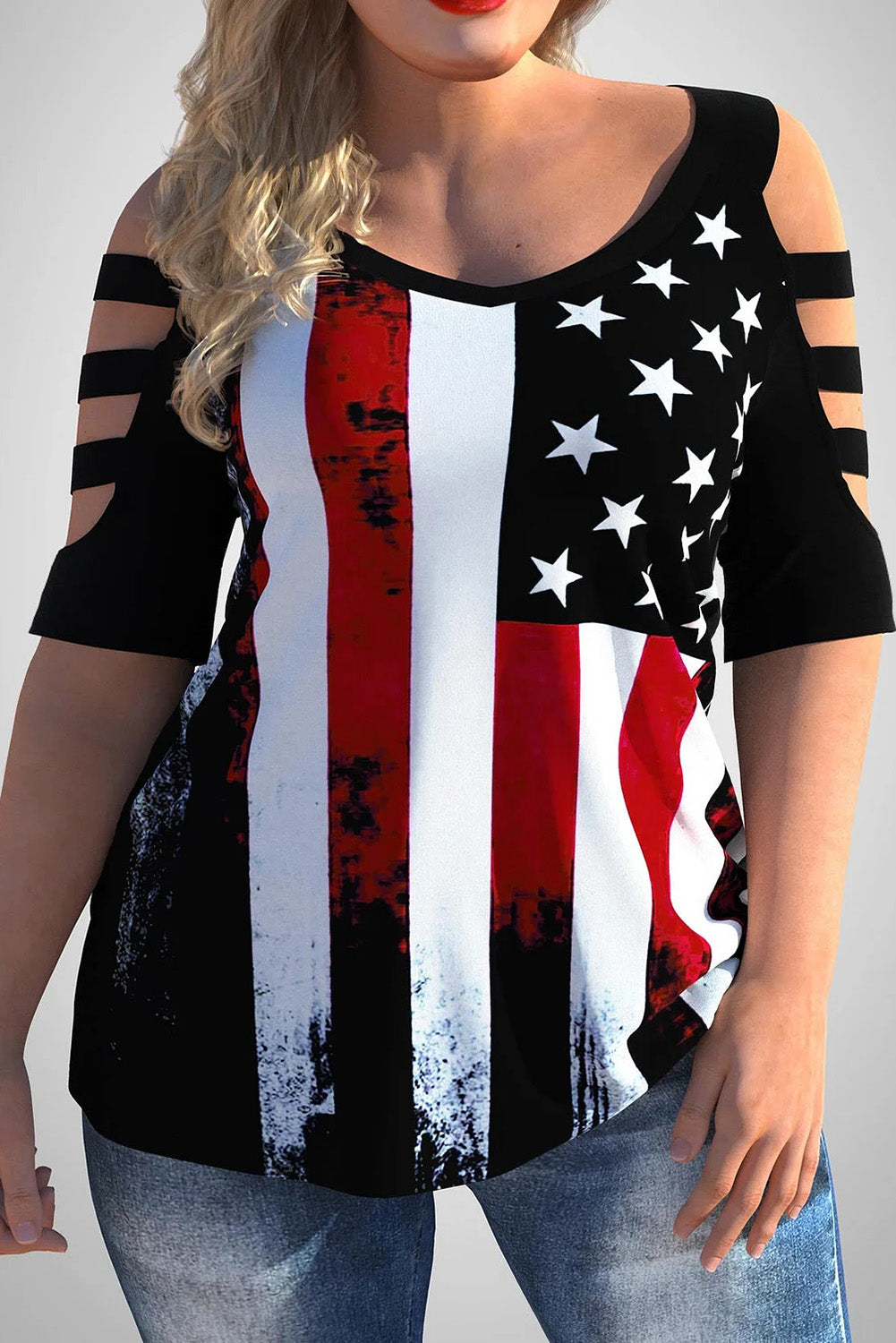 Black American Flag Print Plus Size Cold Shoulder T Shirt Plus Size JT's Designer Fashion