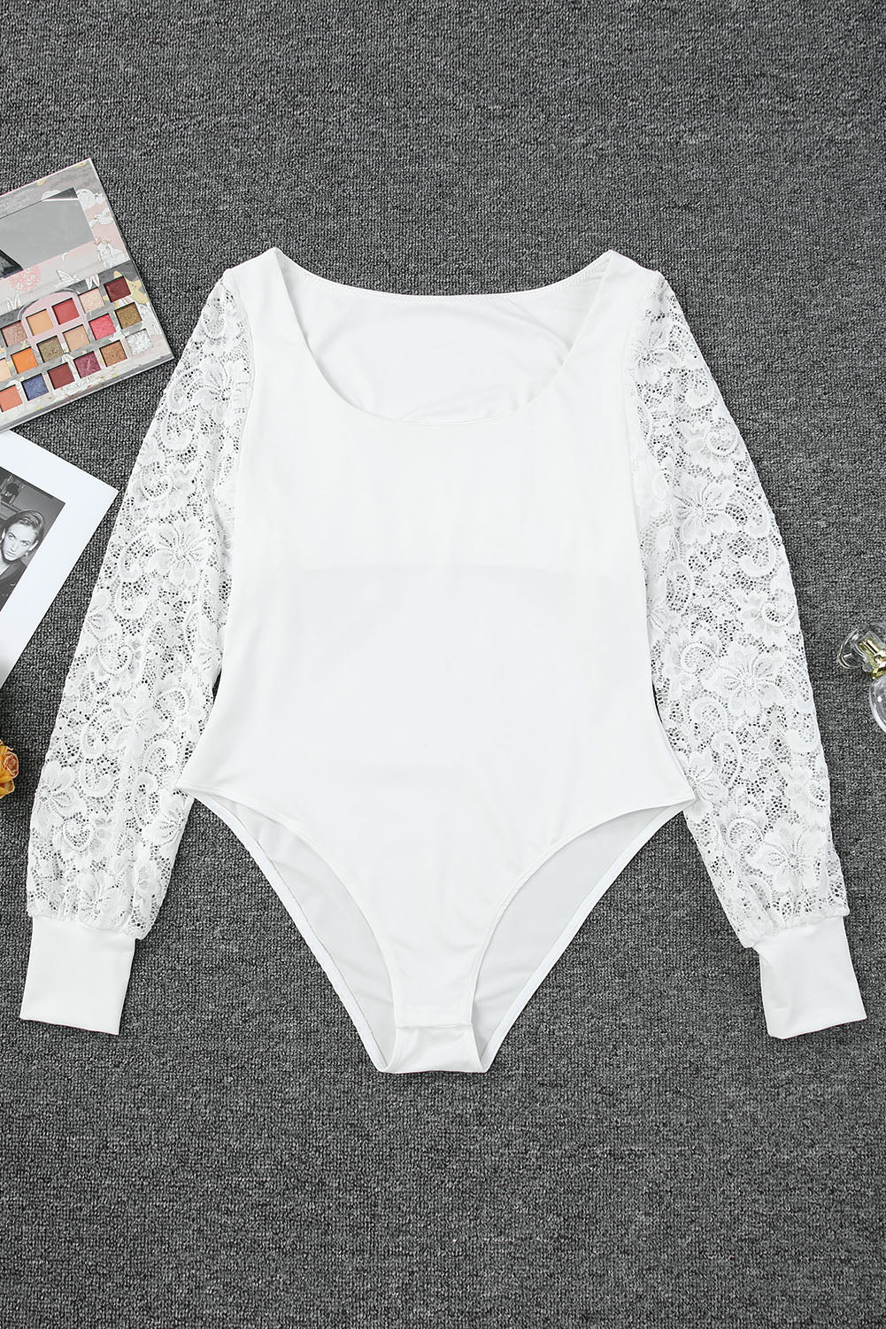 White Lace Sleeves Square Neck Bodysuit Bodysuits JT's Designer Fashion