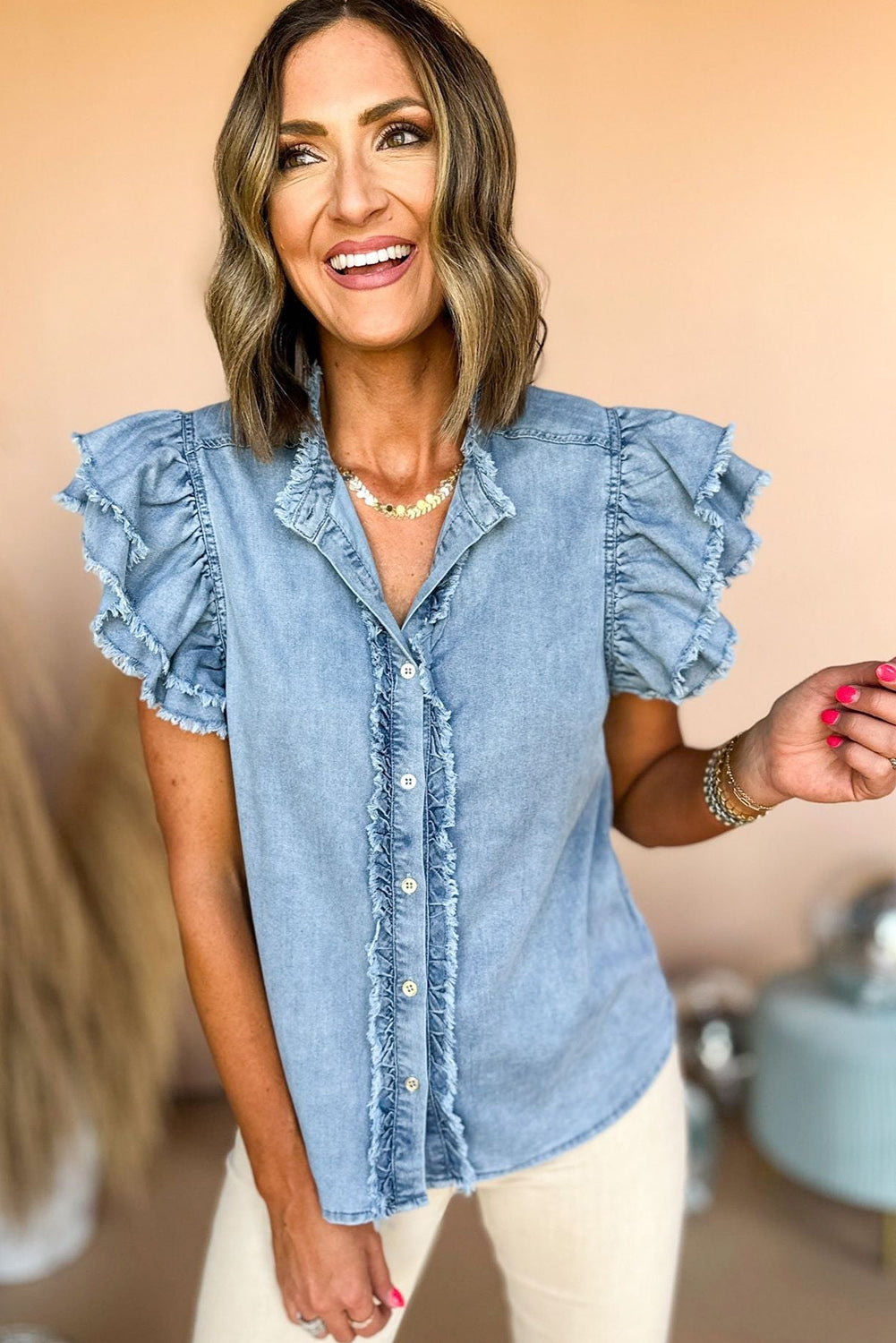 Beau Blue Button Front Ruffled Flutter Frayed Denim Top Tops & Tees JT's Designer Fashion