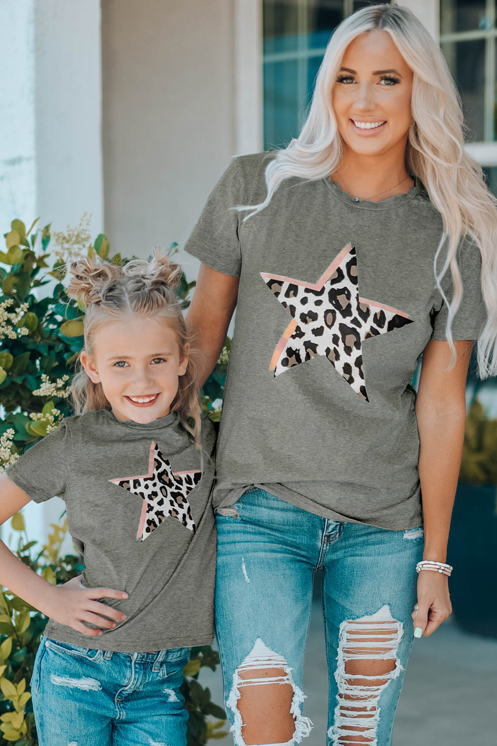 Gray Leopard Star Print Crew Neck Short Sleeve T Shirt Family T-shirts JT's Designer Fashion