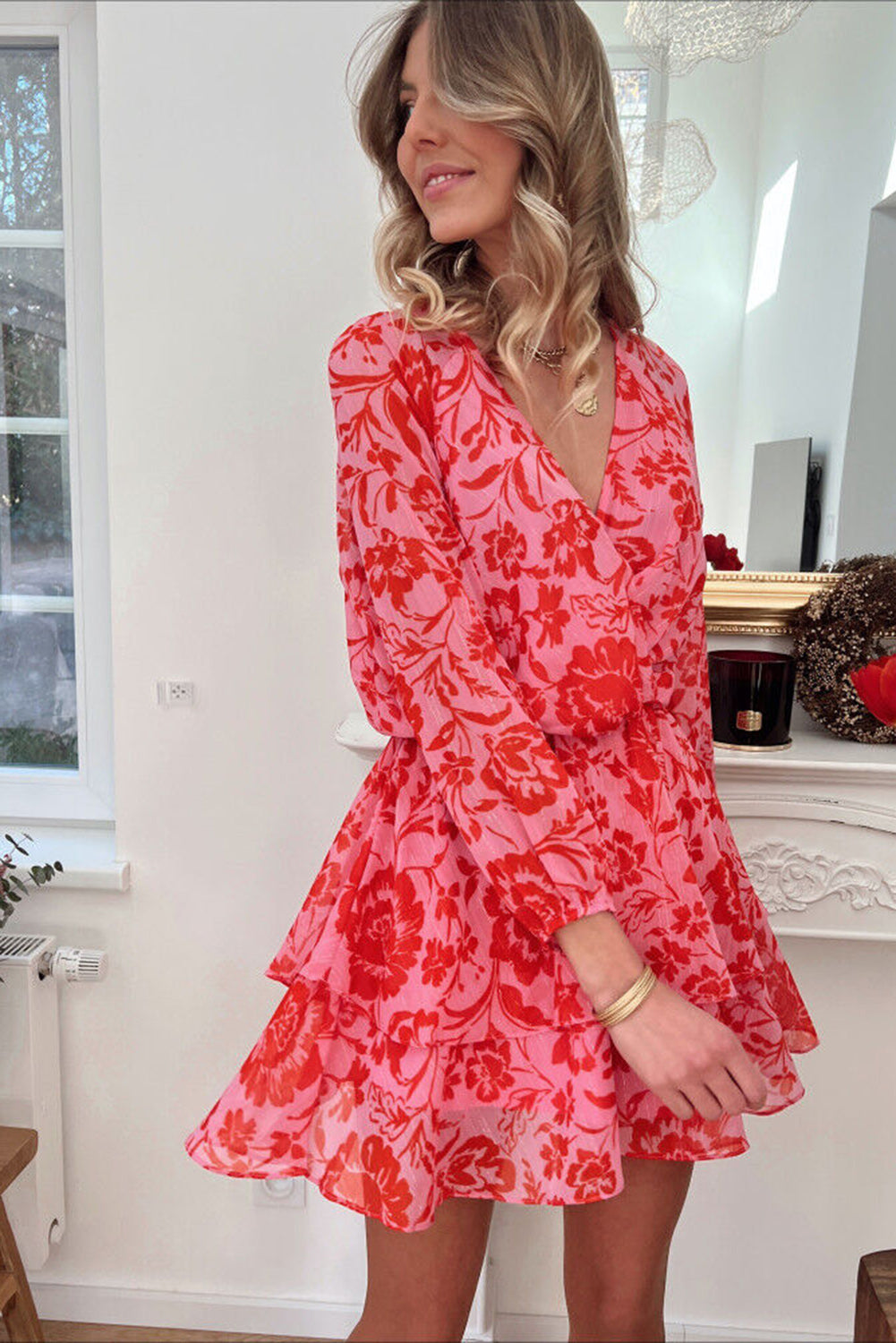 Red Floral Ruffle Layered Puff Sleeve Surplice Dress Dresses JT's Designer Fashion