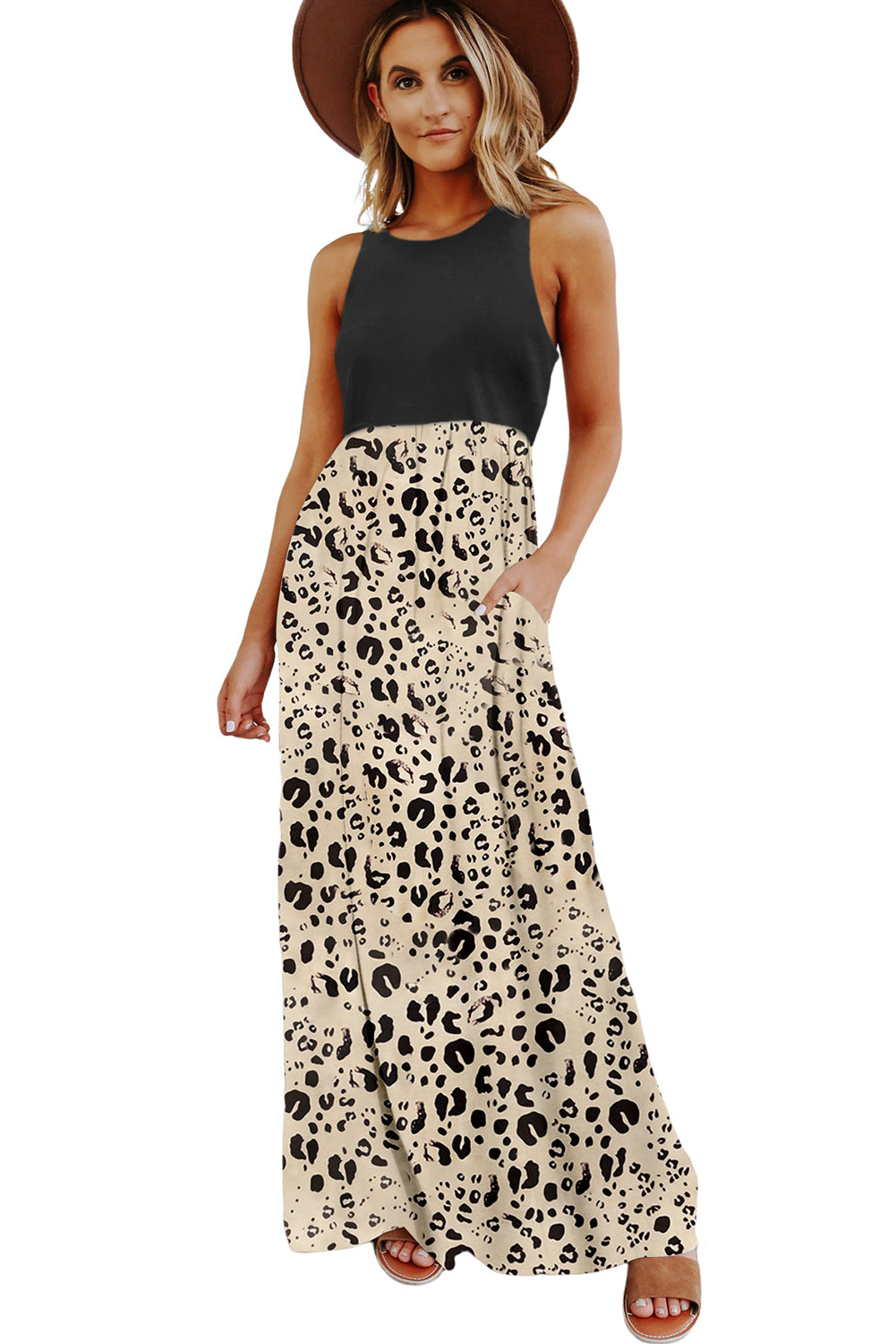 Leopard White Striped Floral Print Sleeveless Maxi Dress with Pocket Dresses JT's Designer Fashion