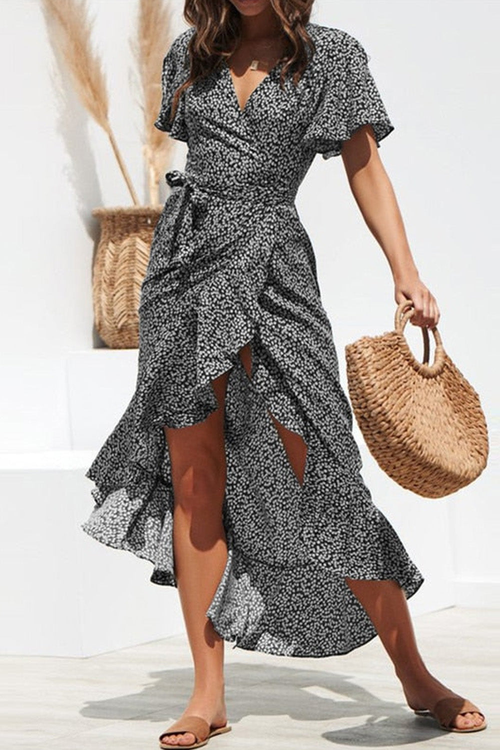 Black Boho Floral Print Belted Wrap Slit Maxi Dress Maxi Dresses JT's Designer Fashion