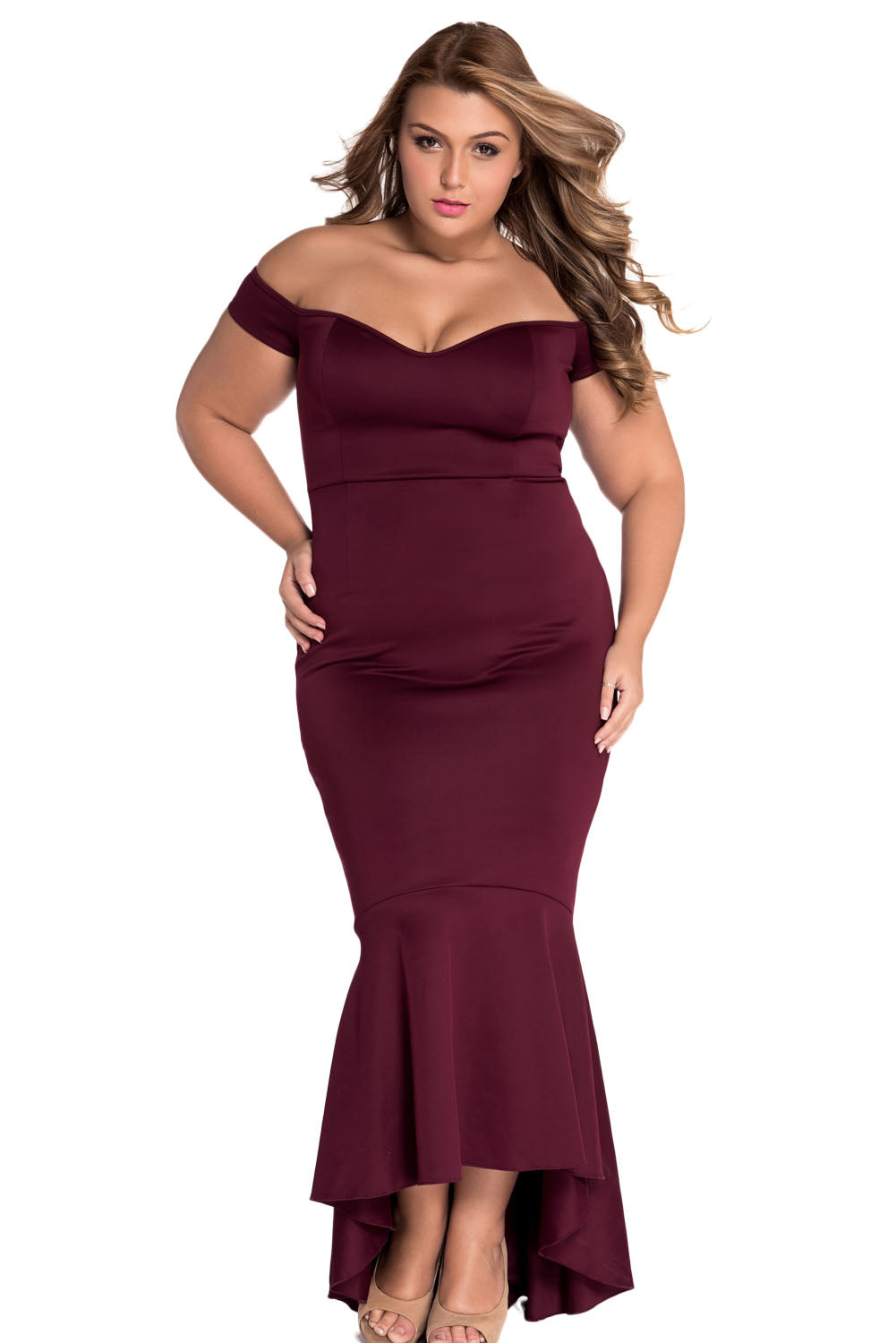 Maroon Off-shoulder Mermaid Jersey Prom Dress Evening Dresses JT's Designer Fashion