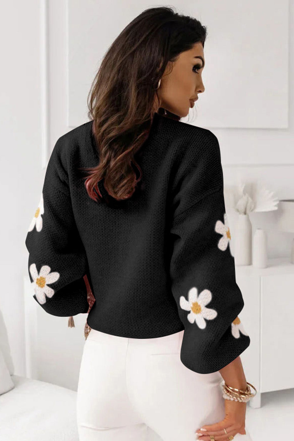 Black Pink Floral Pattern Drop Shoulder Sweater Pre Order Sweaters & Cardigans JT's Designer Fashion